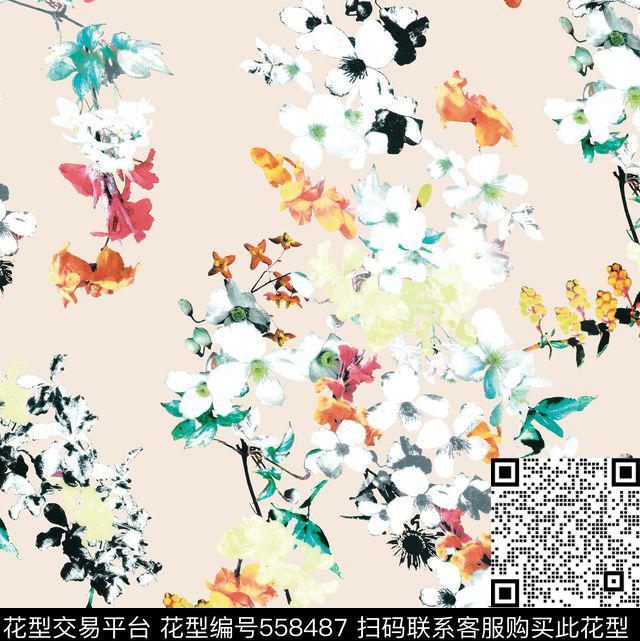 花朵暖色杏底数码印花华亿平台下载（图片编号: 558487） - 瓦栏（Walan）