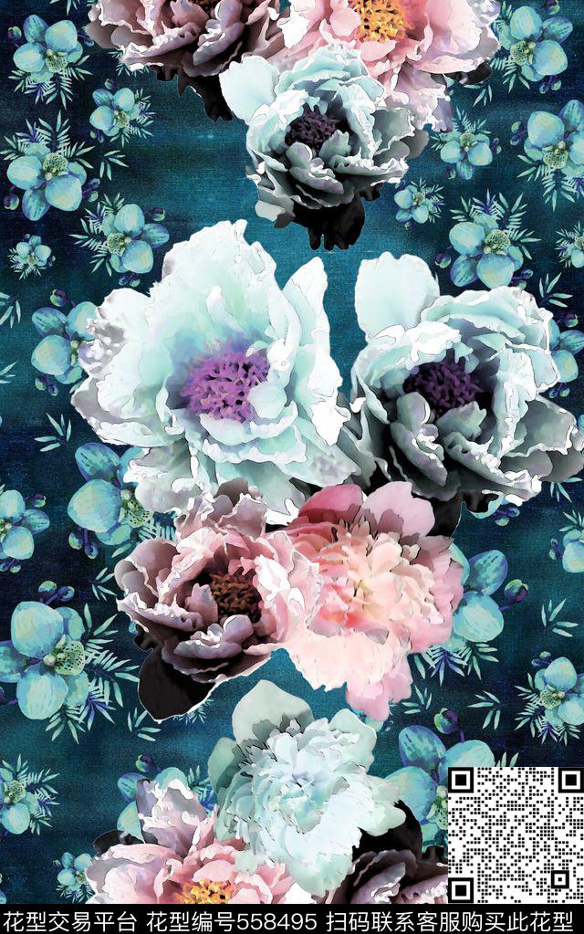 大花花朵玫瑰数码印花华亿平台下载（图片编号: 558495） - 瓦栏（Walan）