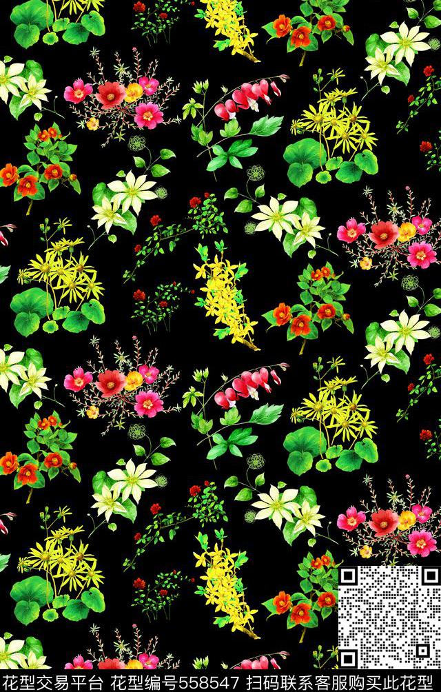 花朵女装手绘数码印花华亿平台下载（图片编号: 558547） - 瓦栏（Walan）