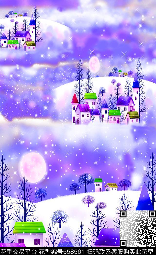 流行时尚卡通小清新梦幻插画服装连衣裙长巾丝巾家纺山坡下的房屋树木卡通数码印花华亿平台下载（图片编号: 558561） - 瓦栏（Walan）