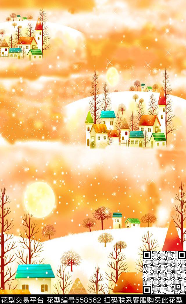 流行时尚卡通小清新梦幻插画服装连衣裙长巾丝巾家纺山坡下的房屋树木卡通数码印花华亿平台下载（图片编号: 558562） - 瓦栏（Walan）