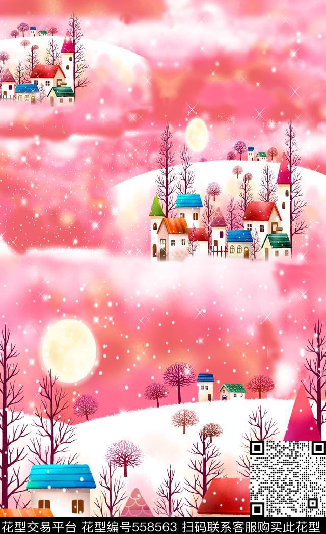 流行时尚卡通小清新梦幻插画服装连衣裙长巾丝巾家纺山坡下的房屋树木卡通数码印花华亿平台下载（图片编号: 558563） - 瓦栏（Walan）