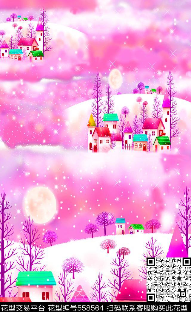 流行时尚卡通小清新梦幻插画服装连衣裙长巾丝巾家纺山坡下的房屋树木卡通数码印花华亿平台下载（图片编号: 558564） - 瓦栏（Walan）