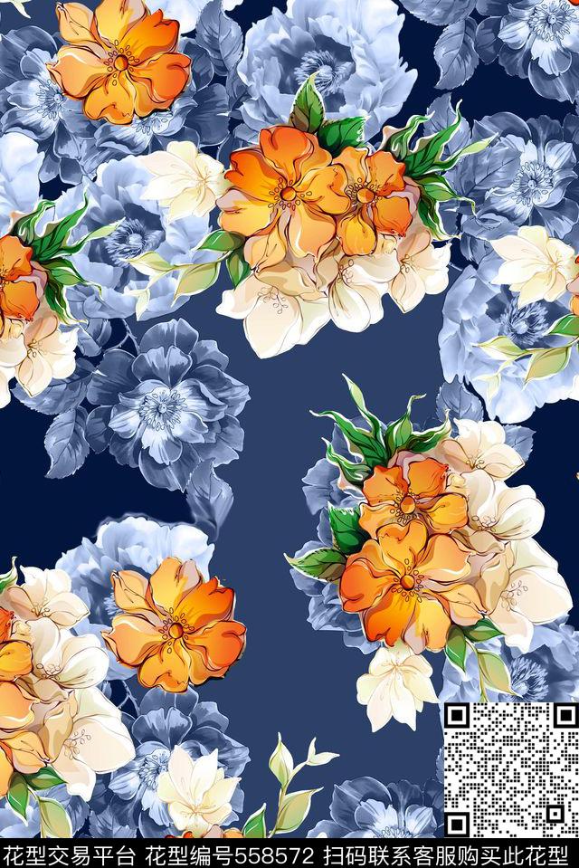 动感抽象花朵手绘大气中国风数码印花华亿平台下载（图片编号: 558572） - 瓦栏（Walan）