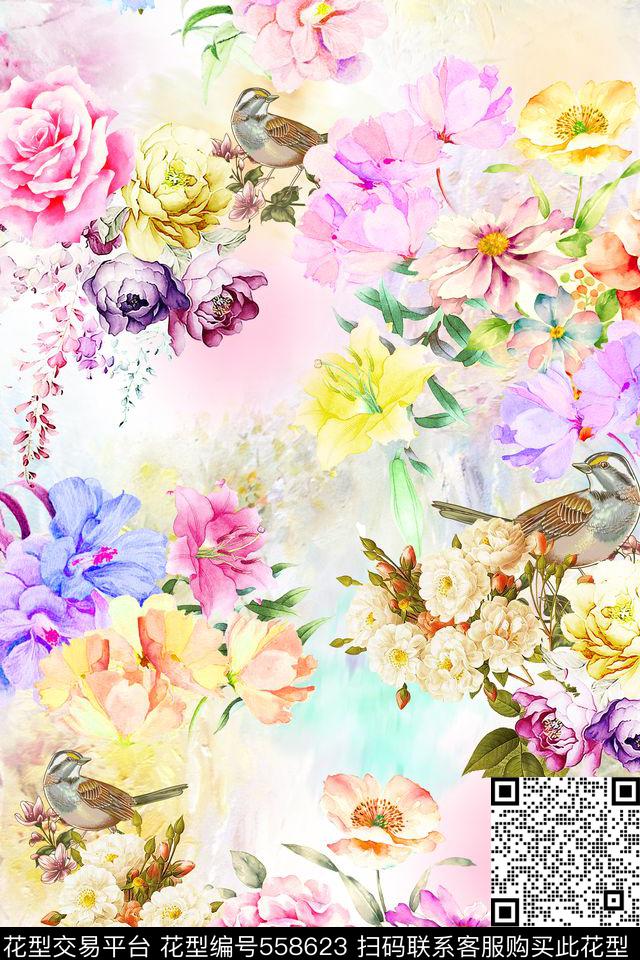 花卉鸟碎花数码印花华亿平台下载（图片编号: 558623） - 瓦栏（Walan）