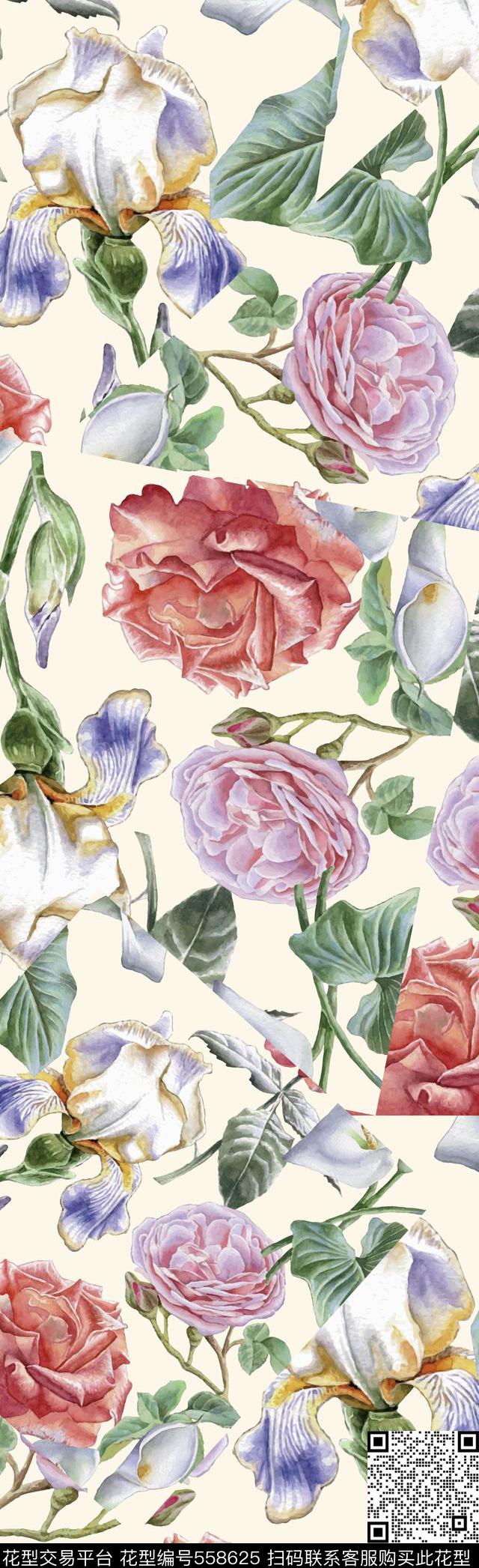 欧美水彩花卉花卉组合数码印花华亿平台下载（图片编号: 558625） - 瓦栏（Walan）