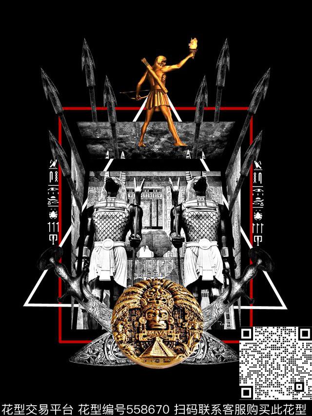 抽象男装图案埃及人面兽身男装T恤图案数码印花华亿平台下载（图片编号: 558670） - 瓦栏（Walan）