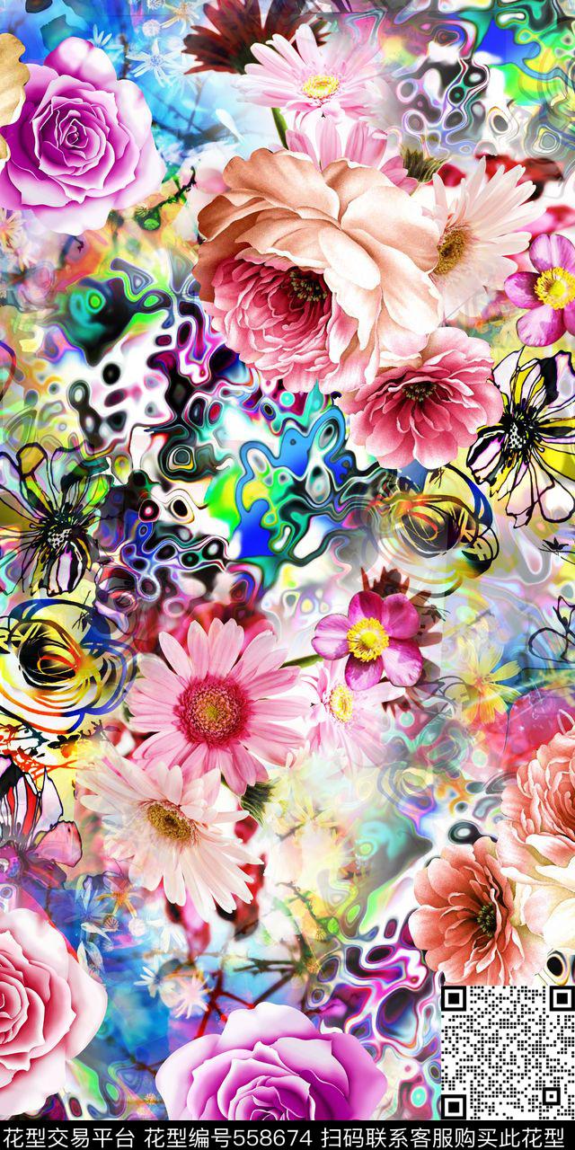 多彩炫丽抽象类底数码女装时尚花卉数码印花华亿平台下载（图片编号: 558674） - 瓦栏（Walan）