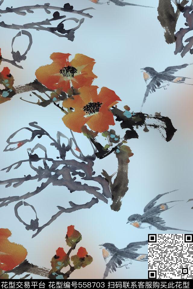 长裙国画梅花数码印花华亿平台下载（图片编号: 558703） - 瓦栏（Walan）