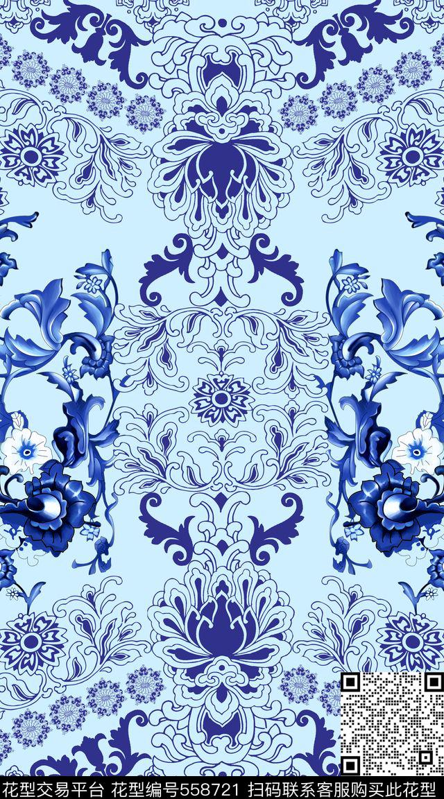 中国风卷草花卉数码印花华亿平台下载（图片编号: 558721） - 瓦栏（Walan）