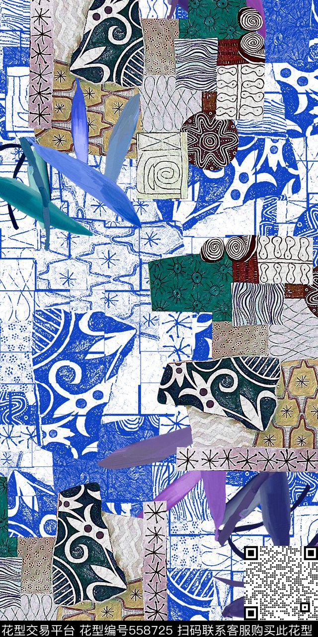 中国风青花瓷混合拼接数码印花华亿平台下载（图片编号: 558725） - 瓦栏（Walan）