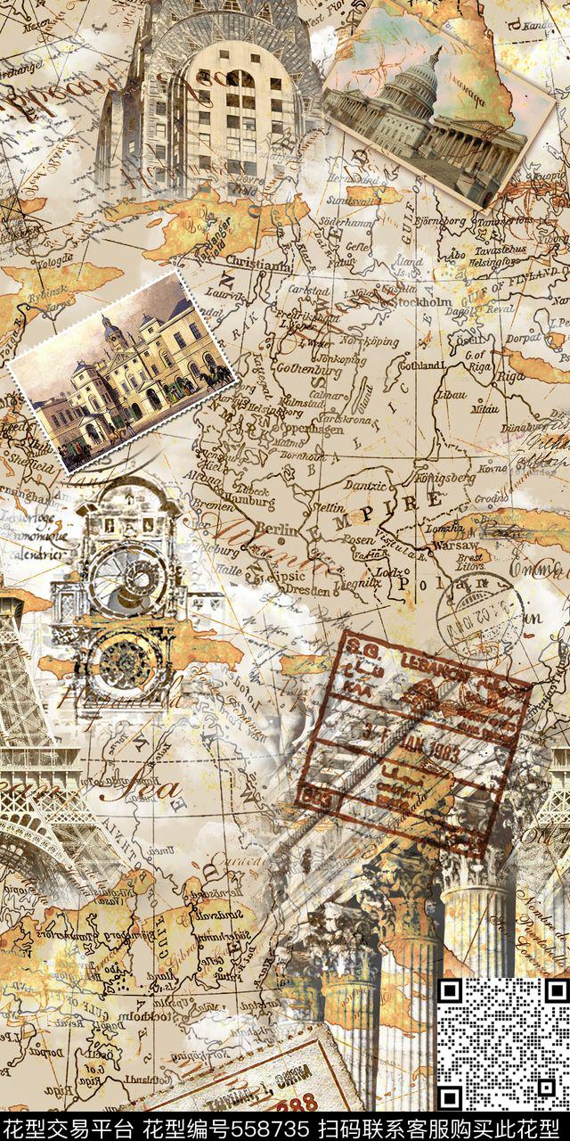 复古地图建筑数码印花华亿平台下载（图片编号: 558735） - 瓦栏（Walan）