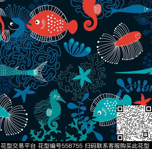 热带海洋风海马传统印花华亿平台下载（图片编号: 558755） - 瓦栏（Walan）