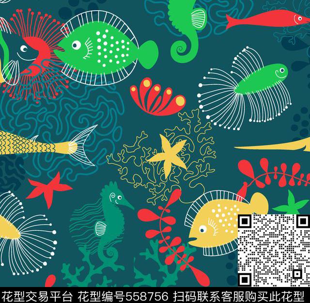 热带海洋风海马传统印花华亿平台下载（图片编号: 558756） - 瓦栏（Walan）
