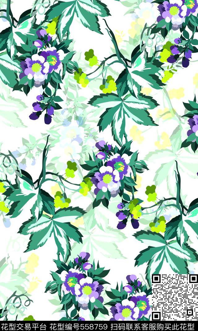 写意手绘繁花写意花卉传统印花华亿平台下载（图片编号: 558759） - 瓦栏（Walan）