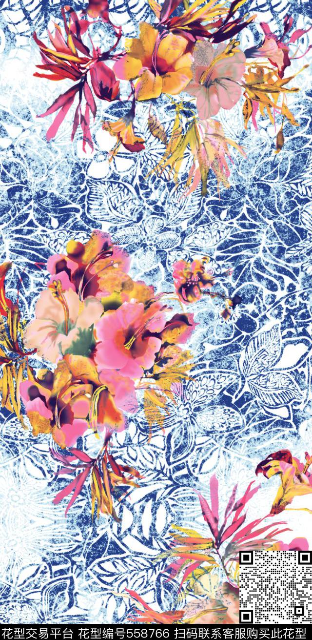 数码花抽象丝绸花数码印花华亿平台下载（图片编号: 558766） - 瓦栏（Walan）