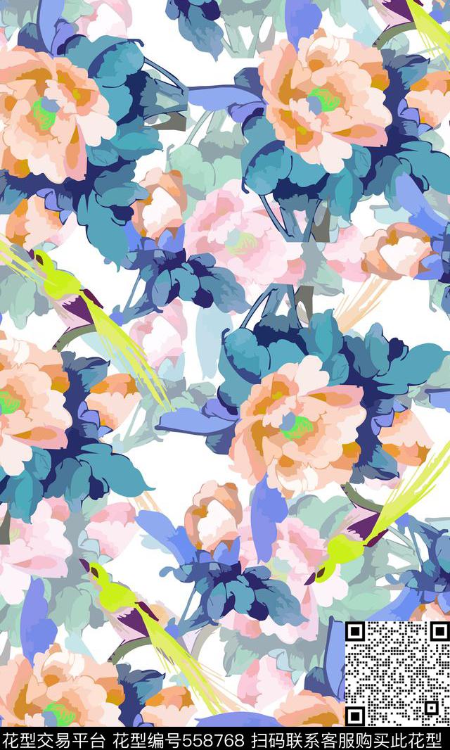 写意手绘风格花卉暖色色调传统印花华亿平台下载（图片编号: 558768） - 瓦栏（Walan）