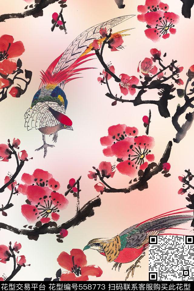 国画孔雀桃花数码印花华亿平台下载（图片编号: 558773） - 瓦栏（Walan）