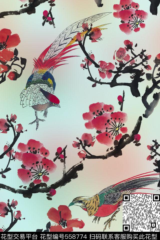 国画孔雀桃花数码印花华亿平台下载（图片编号: 558774） - 瓦栏（Walan）
