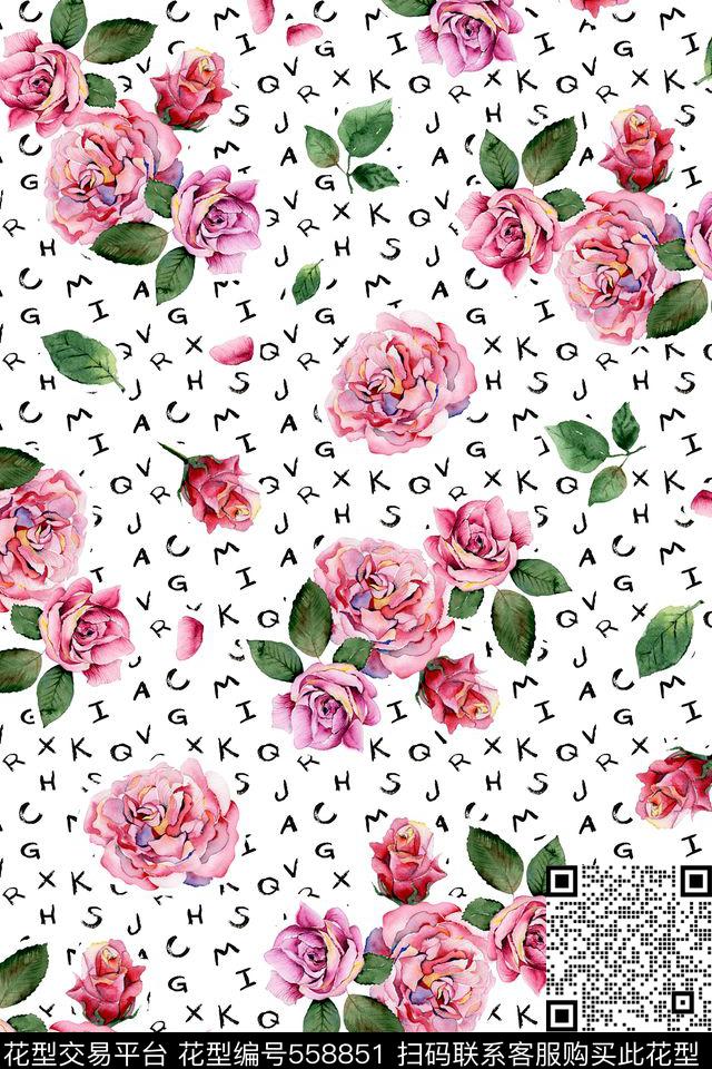 清新田园休闲字母水彩花春夏款数码印花华亿平台下载（图片编号: 558851） - 瓦栏（Walan）