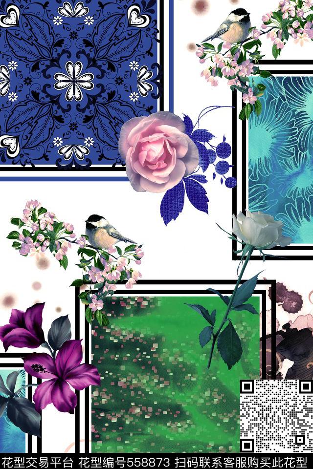 花卉几何纯色底数码印花华亿平台下载（图片编号: 558873） - 瓦栏（Walan）