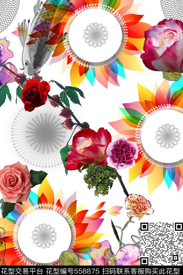 花卉鲤鱼纯色底数码印花华亿平台下载（图片编号: 558875） - 瓦栏（Walan）