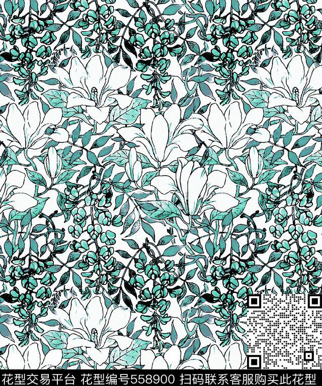 花卉叶子线描传统印花华亿平台下载（图片编号: 558900） - 瓦栏（Walan）