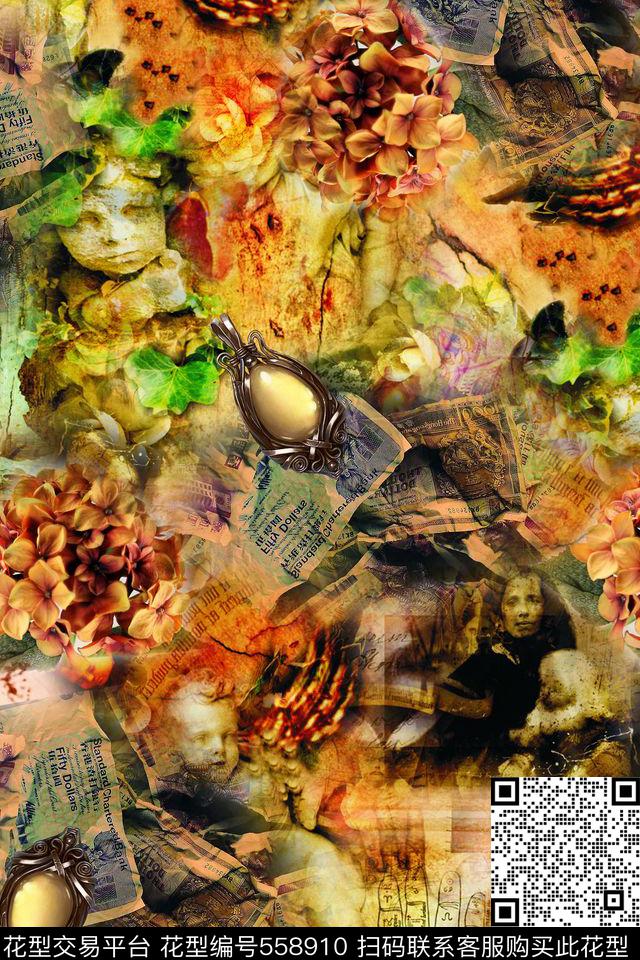 欧式复古底纹花卉人物钞票珠宝数码印花华亿平台下载（图片编号: 558910） - 瓦栏（Walan）