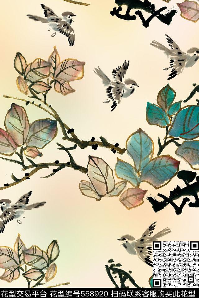 国画麻雀树叶数码印花华亿平台下载（图片编号: 558920） - 瓦栏（Walan）