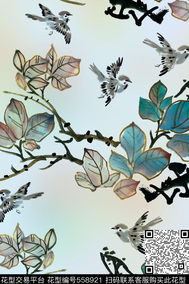 国画麻雀树叶数码印花华亿平台下载（图片编号: 558921） - 瓦栏（Walan）