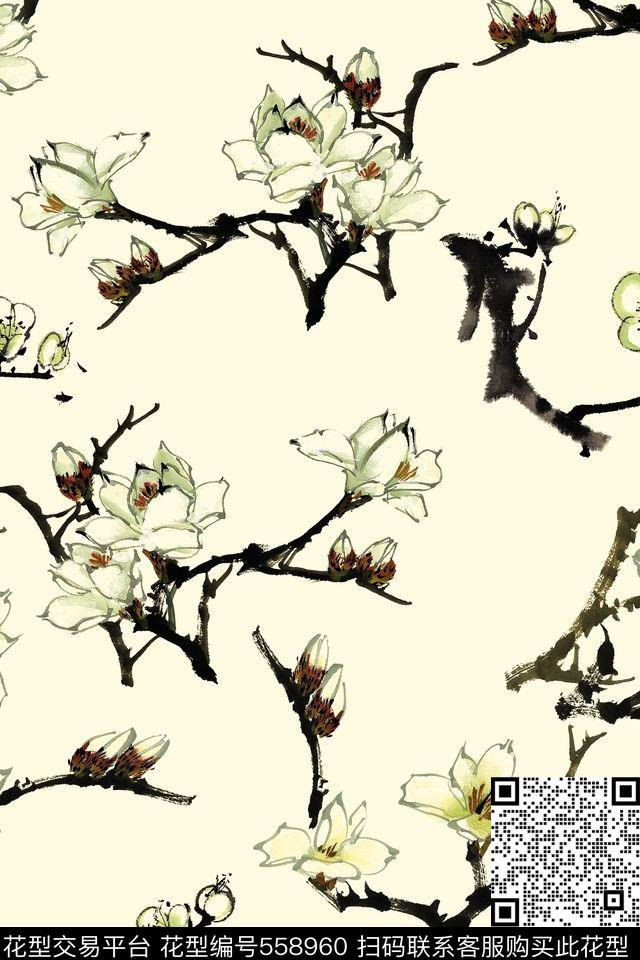 国画花卉梅花数码印花华亿平台下载（图片编号: 558960） - 瓦栏（Walan）