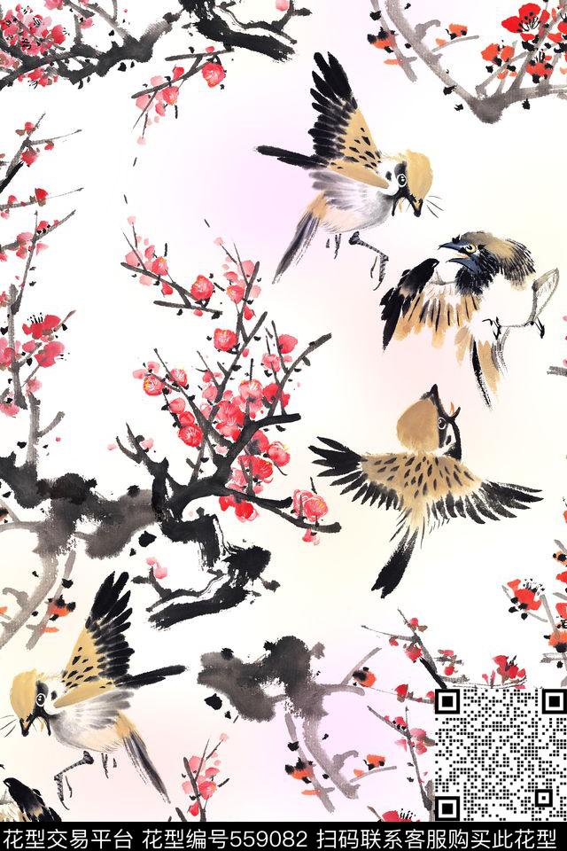 中国风国画麻雀数码印花华亿平台下载（图片编号: 559082） - 瓦栏（Walan）