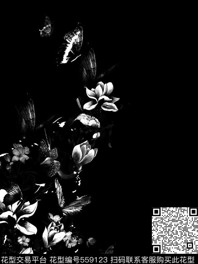 暗黑美学工笔画蝴蝶数码印花华亿平台下载（图片编号: 559123） - 瓦栏（Walan）