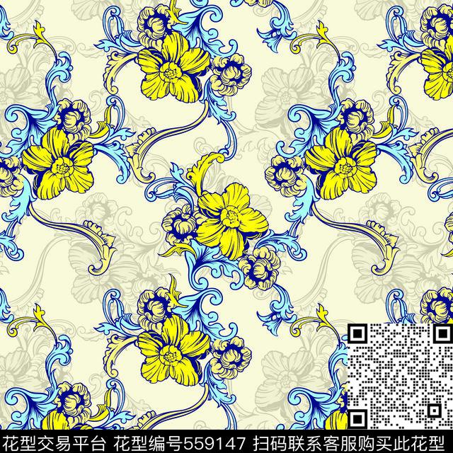 抽象几何花传统印花华亿平台下载（图片编号: 559147） - 瓦栏（Walan）