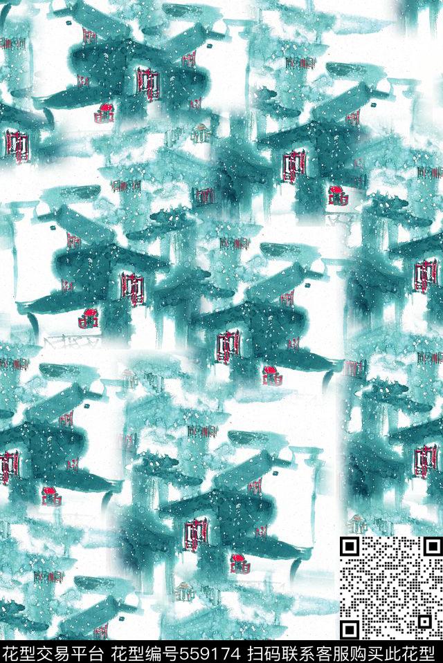 中国风流行时尚复古手绘水墨抽象房屋丝巾服装家纺中国风复古手绘水墨抽象房屋丝巾服装家纺流行时尚数码印花华亿平台下载（图片编号: 559174） - 瓦栏（Walan）