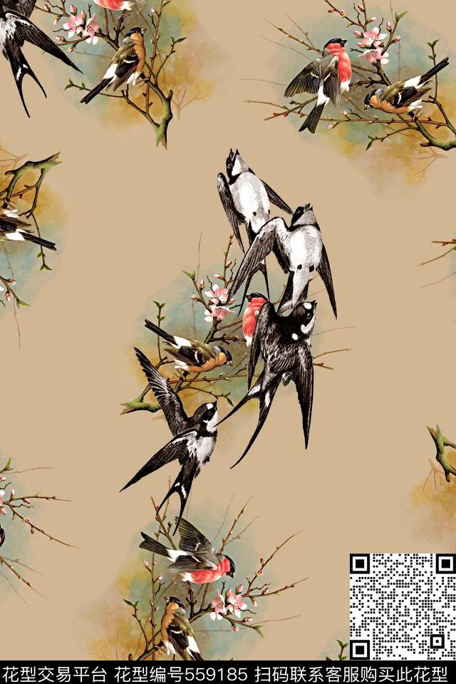 时尚大牌欧美风格杜鹃鸟复古数码印花华亿平台下载（图片编号: 559185） - 瓦栏（Walan）