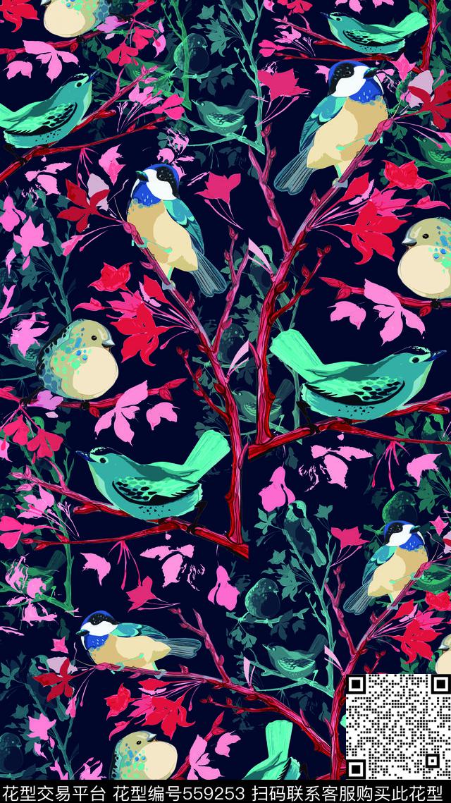 鸟昆虫图案民族风图案鸟鸣枝丫传统印花华亿平台下载（图片编号: 559253） - 瓦栏（Walan）