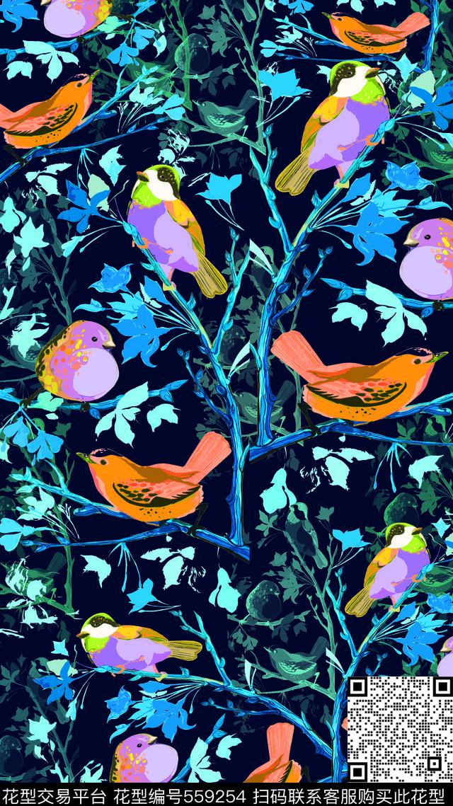 鸟昆虫图案民族风图案鸟鸣枝丫传统印花华亿平台下载（图片编号: 559254） - 瓦栏（Walan）