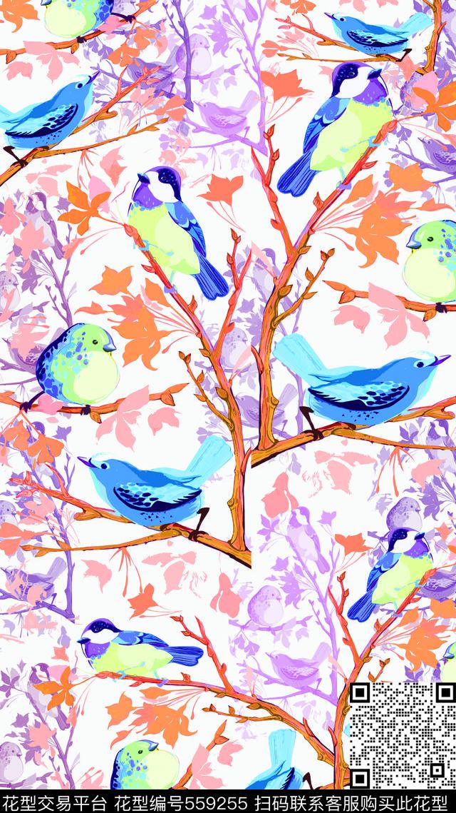 鸟昆虫图案民族风图案鸟鸣枝丫传统印花华亿平台下载（图片编号: 559255） - 瓦栏（Walan）