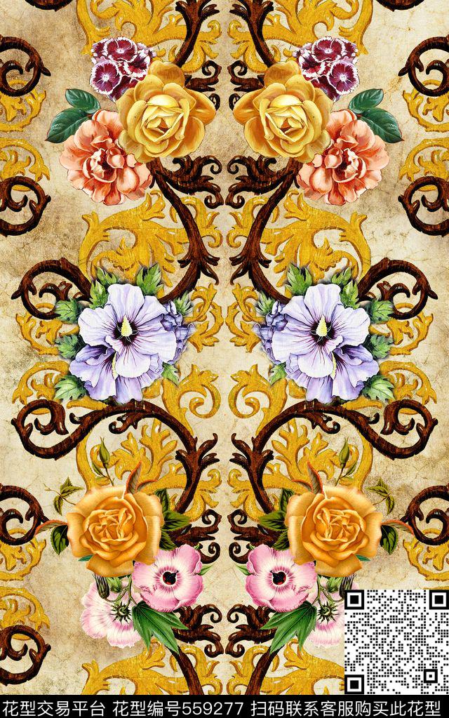 欧式复古卷草数码印花华亿平台下载（图片编号: 559277） - 瓦栏（Walan）