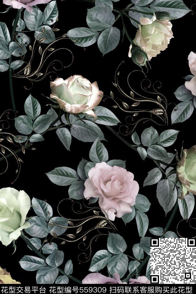 服装复古花卉数码印花华亿平台下载（图片编号: 559309） - 瓦栏（Walan）