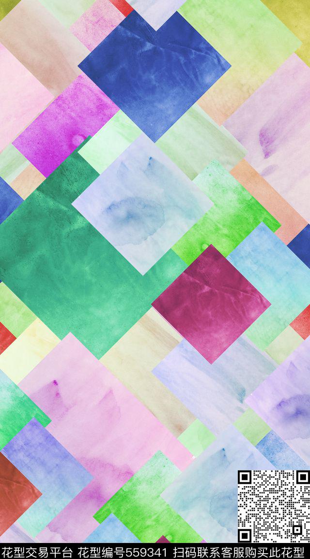 几何水彩色块数码印花华亿平台下载（图片编号: 559341） - 瓦栏（Walan）