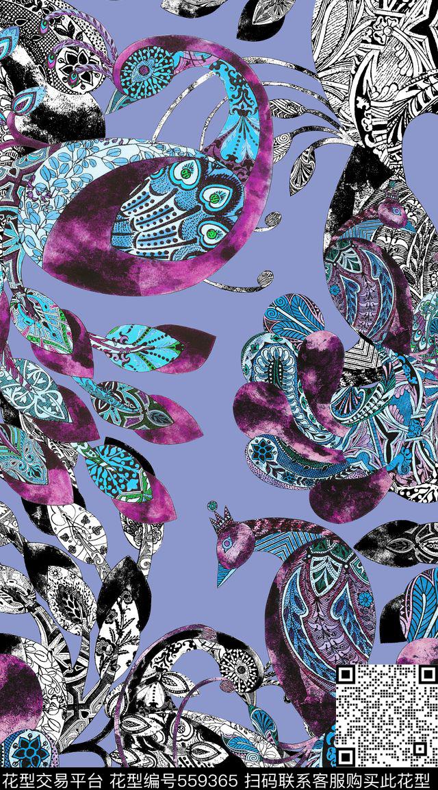 民族孔雀手绘数码印花华亿平台下载（图片编号: 559365） - 瓦栏（Walan）