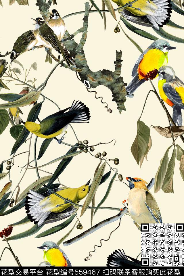 复古中国风树枝鸟中国风树枝鸟麻雀动物华亿平台动物纹数码印花华亿平台下载（图片编号: 559467） - 瓦栏（Walan）