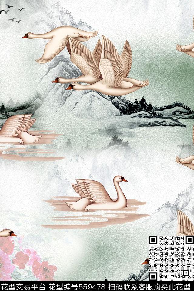 休闲风天鹅山水花卉数码印花华亿平台下载（图片编号: 559478） - 瓦栏（Walan）