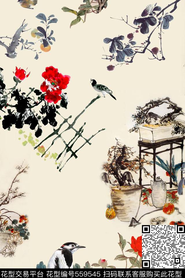 水墨写意花卉鸟中国国画数码印花华亿平台下载（图片编号: 559545） - 瓦栏（Walan）