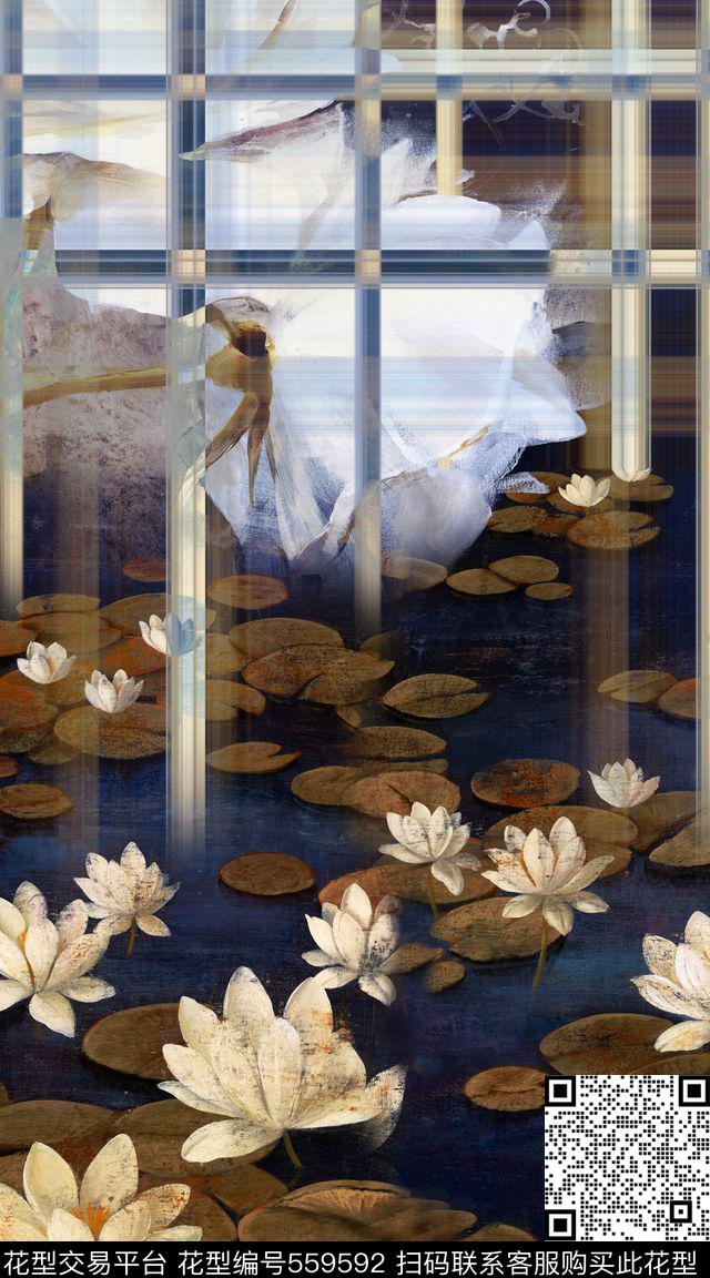 藏青抽象大牌数码印花华亿平台下载（图片编号: 559592） - 瓦栏（Walan）