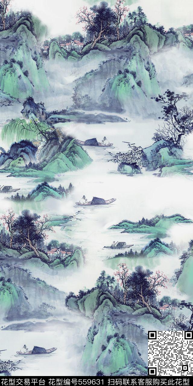 中国风山水画数码印花华亿平台下载（图片编号: 559631） - 瓦栏（Walan）