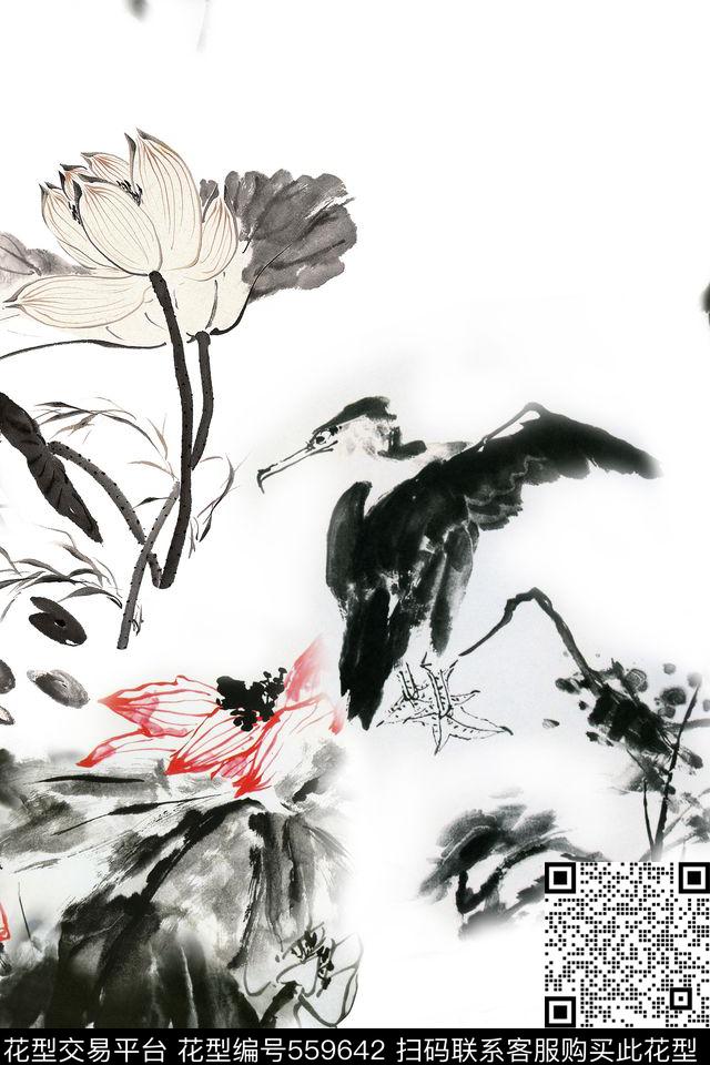 国画绘画水墨荷花旗袍华亿平台数码印花华亿平台下载（图片编号: 559642） - 瓦栏（Walan）
