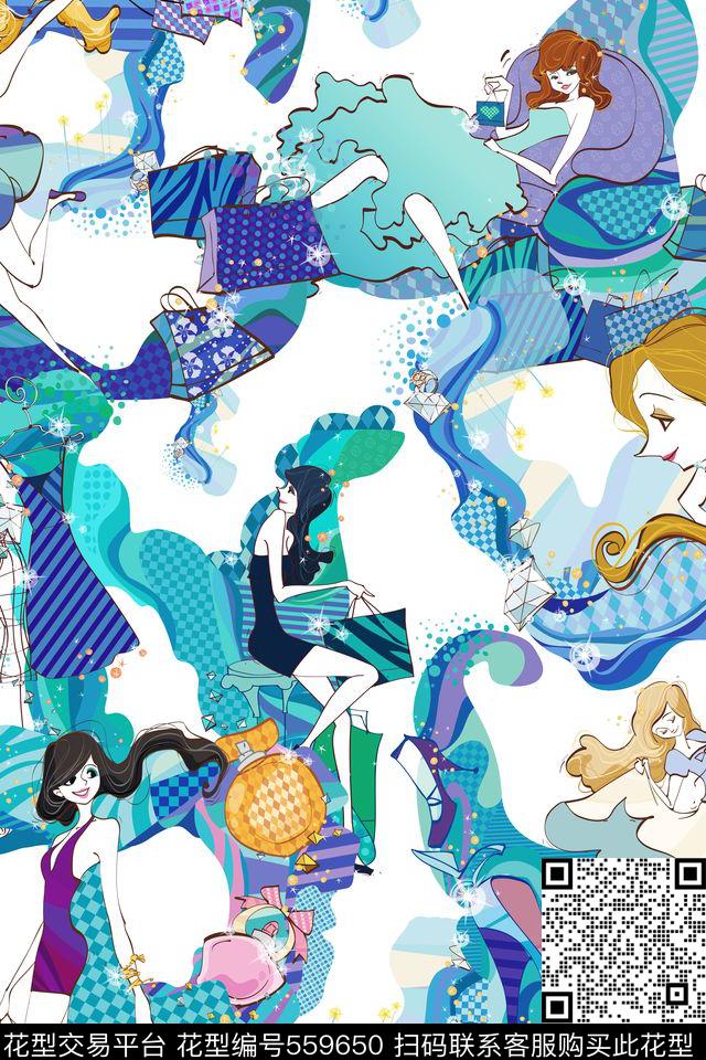 女性女装衬衫连衣裙礼服裤子围巾手绘时尚水彩美女人物插画O【人物】传统印花华亿平台下载（图片编号: 559650） - 瓦栏（Walan）